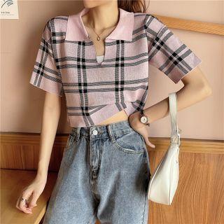 Short-sleeve Collared Plaid Knit Crop Top