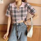 Short-sleeve Collared Plaid Knit Crop Top
