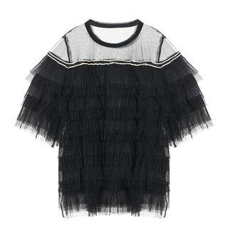 Rhinestone Trim Layered Mesh Elbow-sleeve T-shirt
