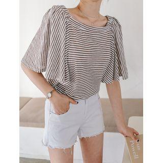 Plus Size Two-way Flutter-sleeve Striped T-shirt