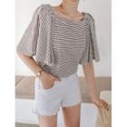 Plus Size Two-way Flutter-sleeve Striped T-shirt