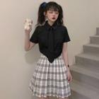 Short-sleeve Cropped Shirt / Pleated Plaid A-line Mini Skirt