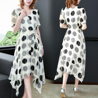 Short-sleeve Asymmetric Polka Dot A-line Midi Dress