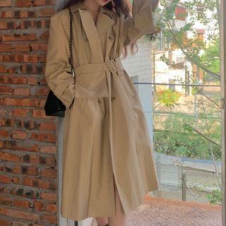 Double-breasted Buckled Long Trench Coat Khaki - One Size