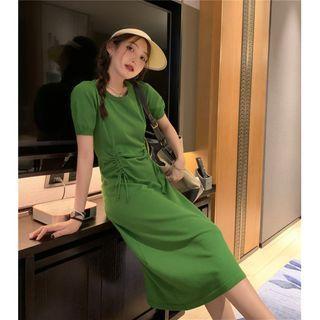 Short-sleeve Round-neck Plain Drawstring Dress