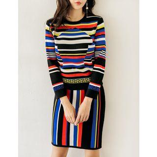 Set: Round-neck Striped Knit Top + Band-waist Skirt