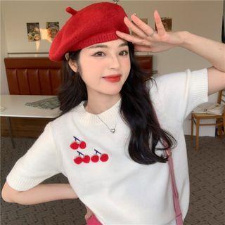 Elbow-sleeve Cherry Print Knit Top Almond - One Size