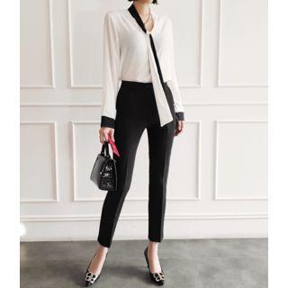 Tie-front Contrast-trim Blouse Ivory - One Size