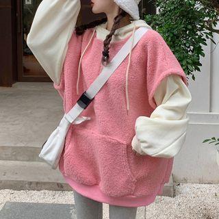 Mock Two-piece Fleece Drawstring Hoodie