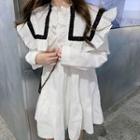 Long-sleeve Frill Trim A-line Dress White - One Size