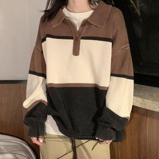 Polo Neck Color Block Striped Top Stripe - One Size