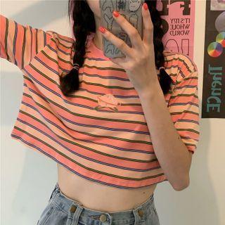 Short-sleeve Striped Peach Embroidered T-shirt Stripes - Pink & Blue & Green - One Size