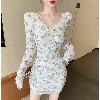 Long-sleeve Floral Sheath Dress As Shown In Figure - One Size