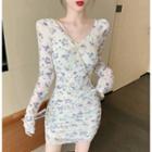 Long-sleeve Floral Sheath Dress As Shown In Figure - One Size