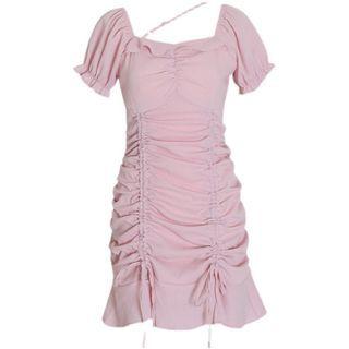 Short-sleeve Frill Trim Drawstring Mermaid Dress