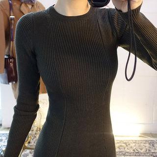 Crew-neck Rib-knit Long Flare Dress