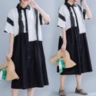 Color Block Short-sleeve Midi Shirt Dress