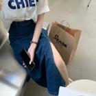Short-sleeve Lettering T-shirt / Denim Slit Midi Pencil Skirt