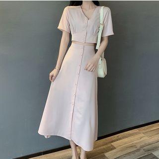 Set: V-neck Short-sleeve Top + High-waist Skirt