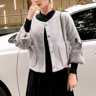 3/4-sleeve Furry-trim Buttoned Jacket