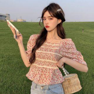 Short-sleeve Floral Print Lace Trim Chiffon Top