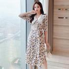 Elbow-sleeve Flower Print Blouse / Midi A-line Dress