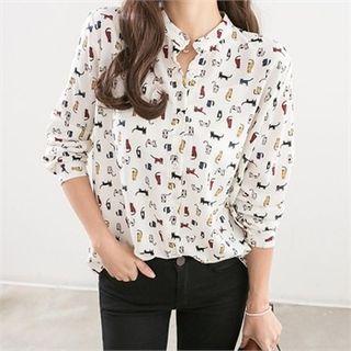 Mandarin-collar Cat-pattern Blouse