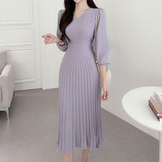 Long-sleeve V-neck Accordion Pleat Midi A-line Dress