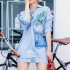 Flower Embroidered Puff-sleeve Shirt Blue - One Size