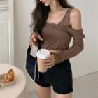 Long-sleeve Plain Top + Plain Camisole / High-waist Denim Shorts