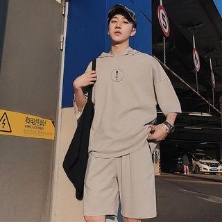 Elbow-sleeve Plain Hooded T-shirt / Shorts