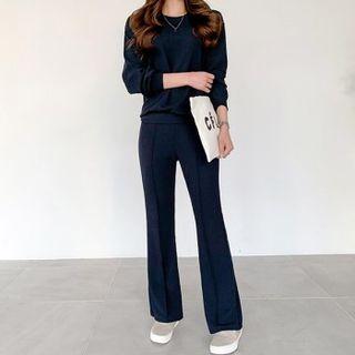 Set: Round-neck Top + Seam-front Boot-cut Pants