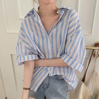 3/4-sleeve Striped Shirt Blue & Nude - One Size