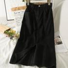 Paperbag High-waist Slited Denim Midi Skirt