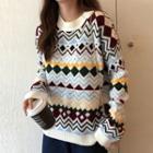 Long-sleeve Argyle Color Panel Knit Sweater White - One Size