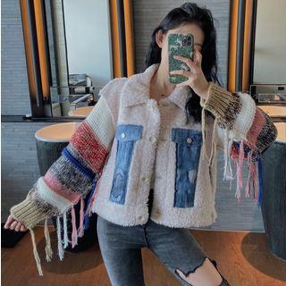 Patchwork Fringed Fleece Jacket Off-white - One Size