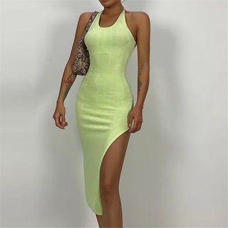 Halter-neck Scoop-neck Ribbed-knit Slit Midi Dress