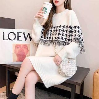 Fringed Houndstooth Panel Sweater