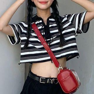 Short-sleeve Lace-up Striped Crop Polo Shirt