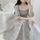 Elbow-sleeve Square-neck Floral Midi A-line Dress