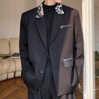 Button Accent Faux Leather Panel Blazer