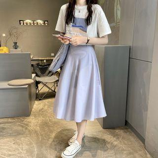 Short-sleeve Print T-shirt / Plain Midi Skirt