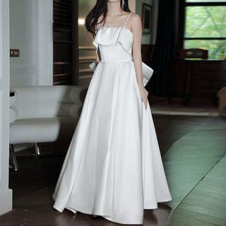 Spaghetti Strap Beaded Silky A-line Evening Gown