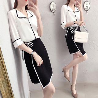 Set: Contrast Trim Elbow-sleeve Blouse + Side Tie A-line Skirt