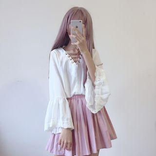 Lace Panel Lace-up Blouse White - One Size