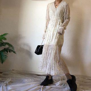 Long-sleeve Floral Ruched Midi Chiffon Dress