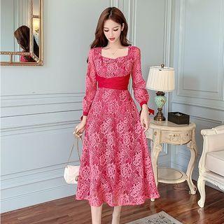 Square-neck Balloon-sleeve Midi A-line Lace Dress