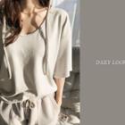 Scoop-neck Short-sleeve Napped T-shirt Beige - One Size