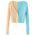 Long-sleeve Color Block Knit Cropped Cardigan
