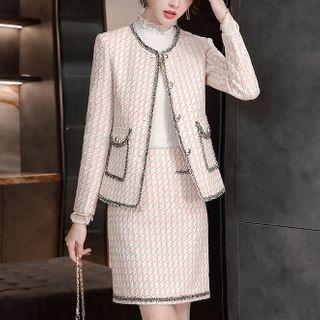 Tweed Trim Houndstooth Jacket / A-line Skirt / Set